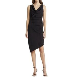 Sam Edelman Cowl Neck Jersey Asymmetrical Midi Black Sleeveless Graduation Dress